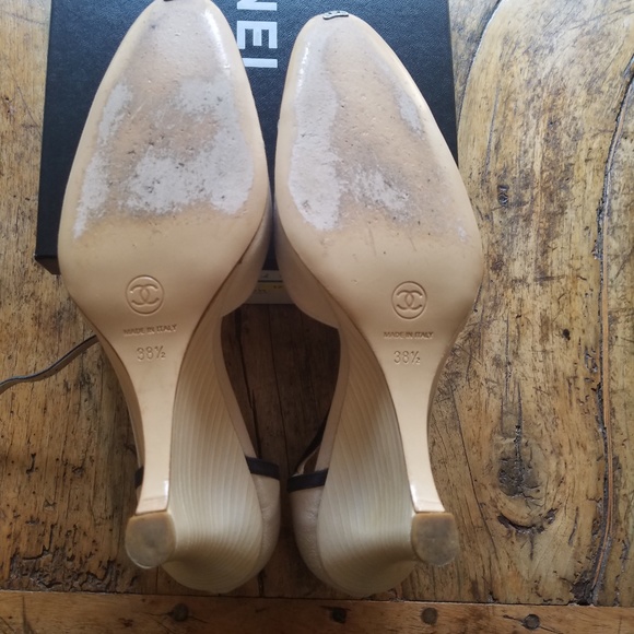 Chanel  Beige Satin Black Toe Cap ankle strap - Picture 3 of 4